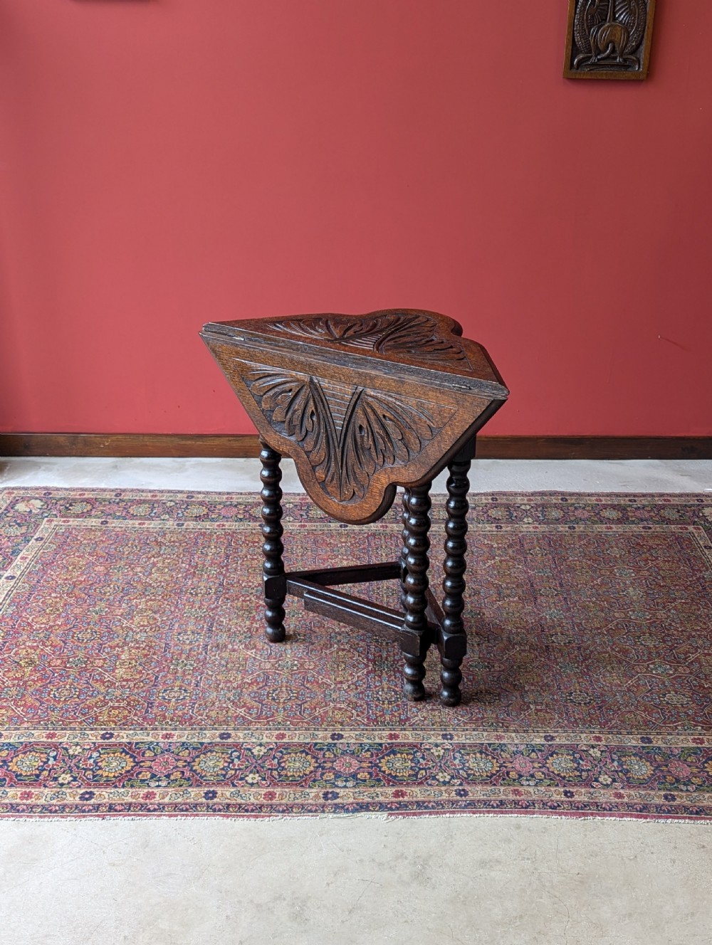 Antique Victorian Carved Oak Bobbin Drop Leaf Table
