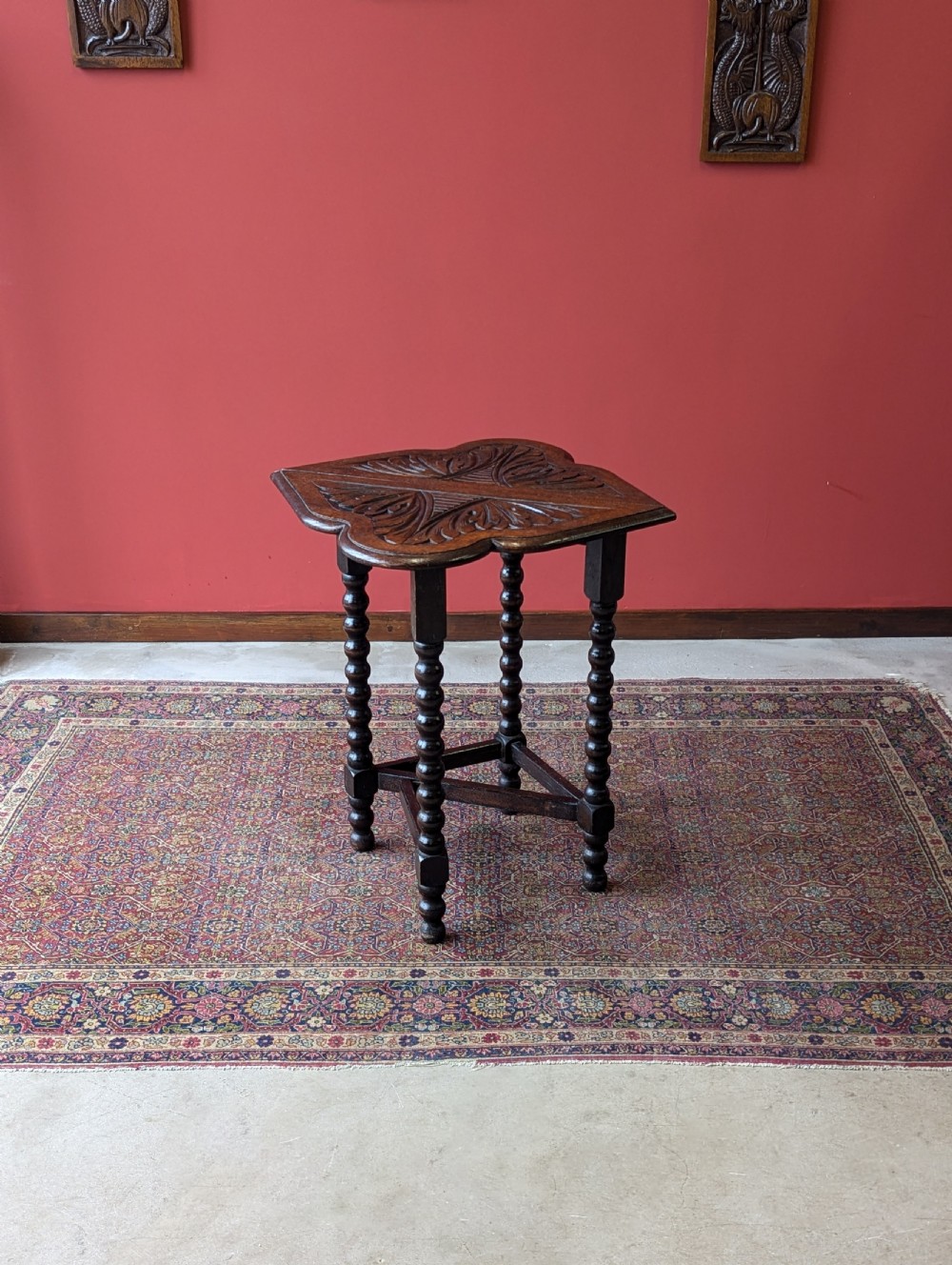 Antique Victorian Carved Oak Bobbin Drop Leaf Table View II
