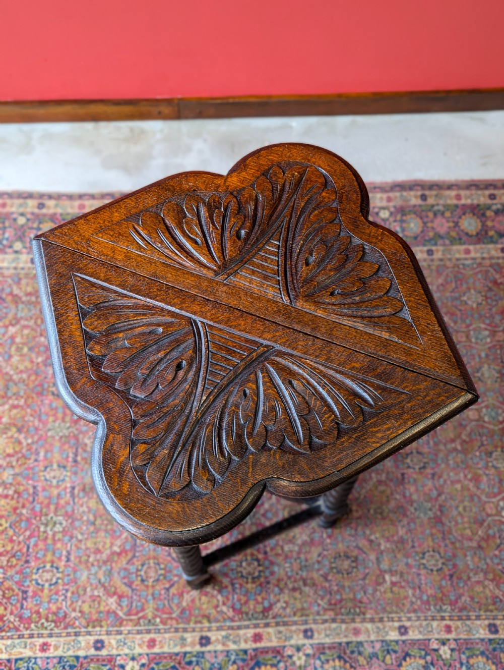 Antique Victorian Carved Oak Bobbin Drop Leaf Table View IV