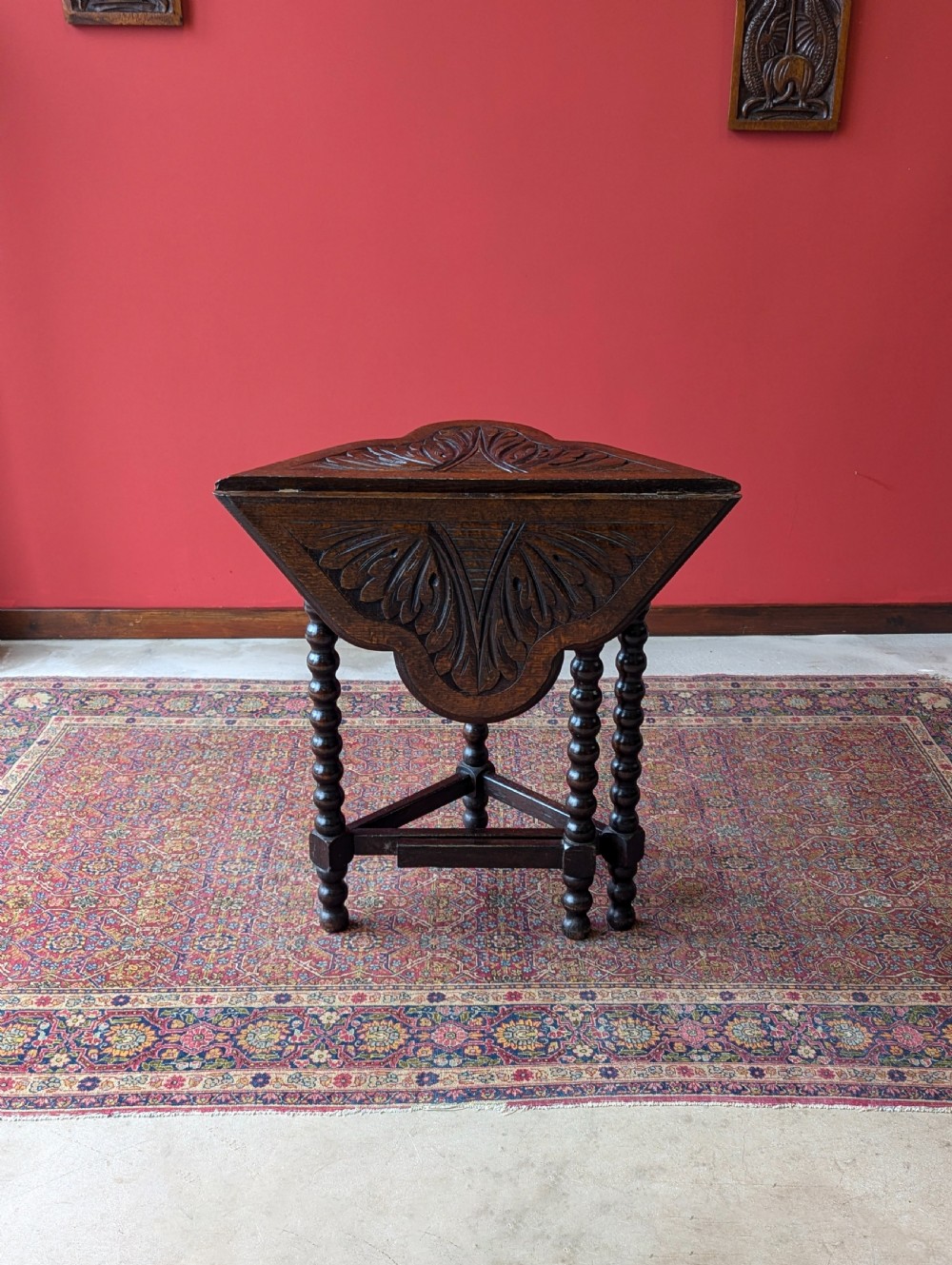 Antique Victorian Carved Oak Bobbin Drop Leaf Table View VII