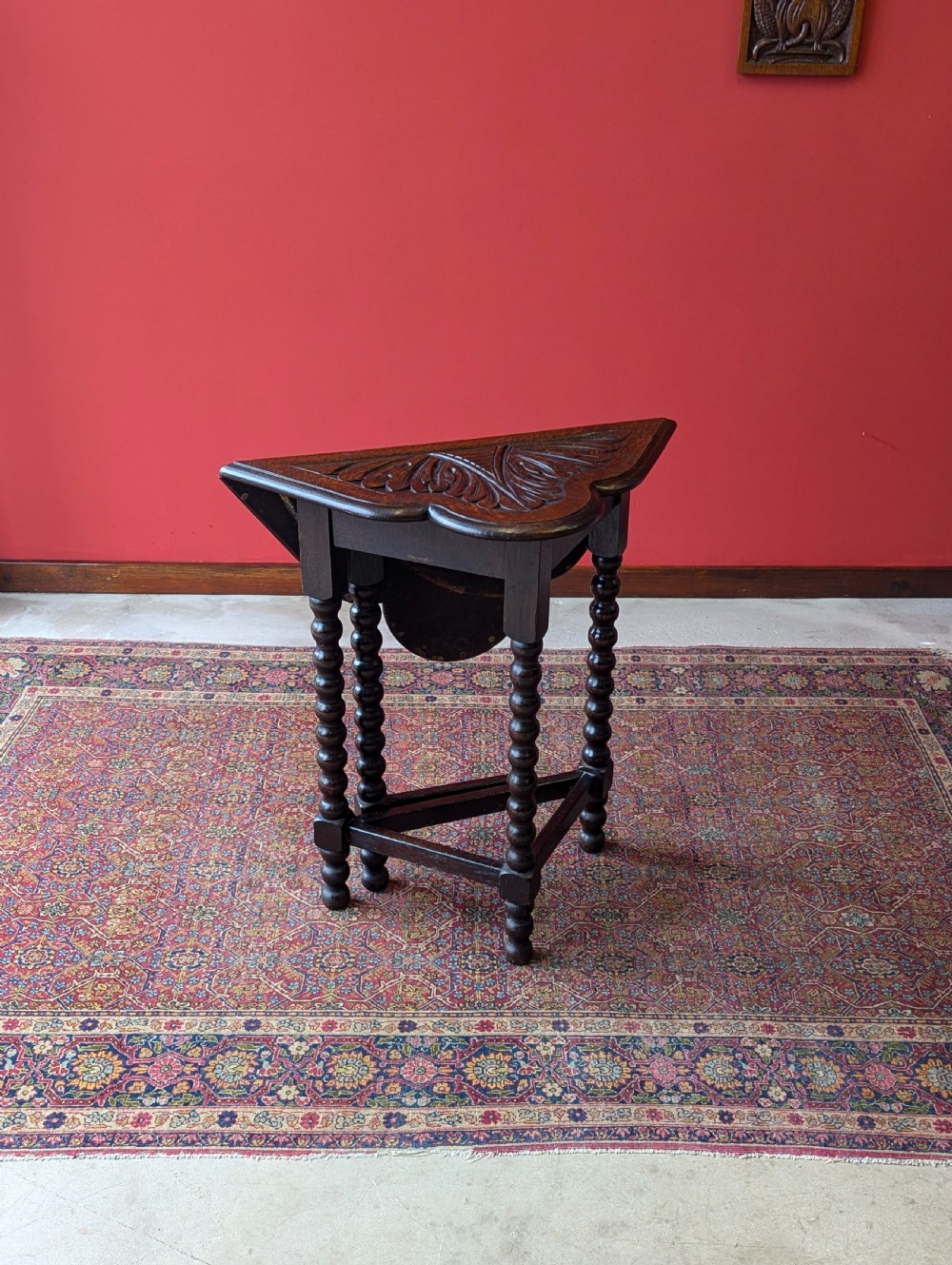 Antique Victorian Carved Oak Bobbin Drop Leaf Table View VIII