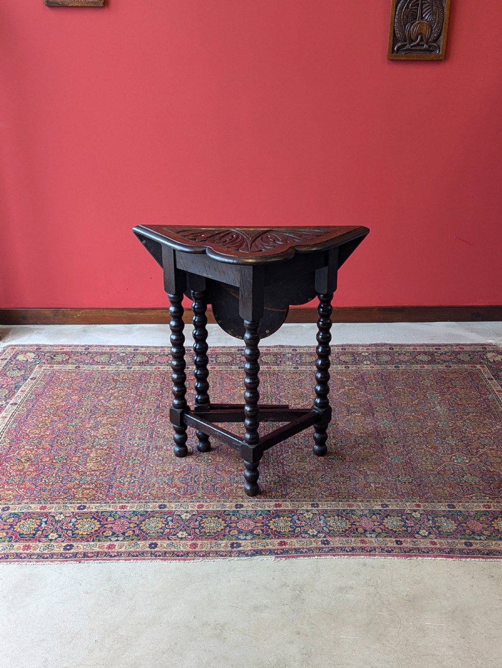 Antique Victorian Carved Oak Bobbin Drop Leaf Table View X