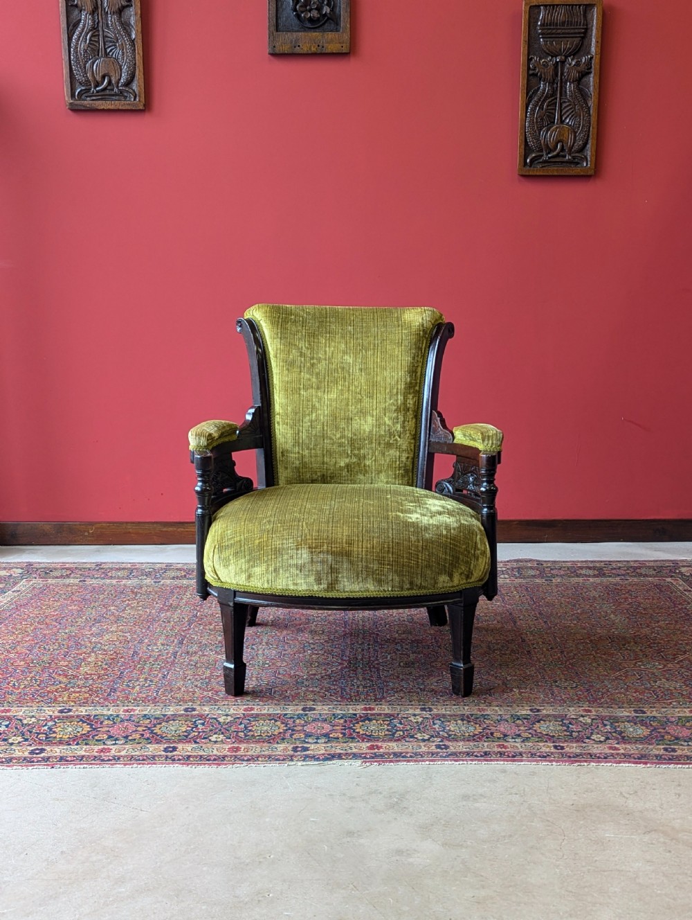 Antique Victorian Green Upholstered Mahogany Easy Chair / Cocktail Chair View II