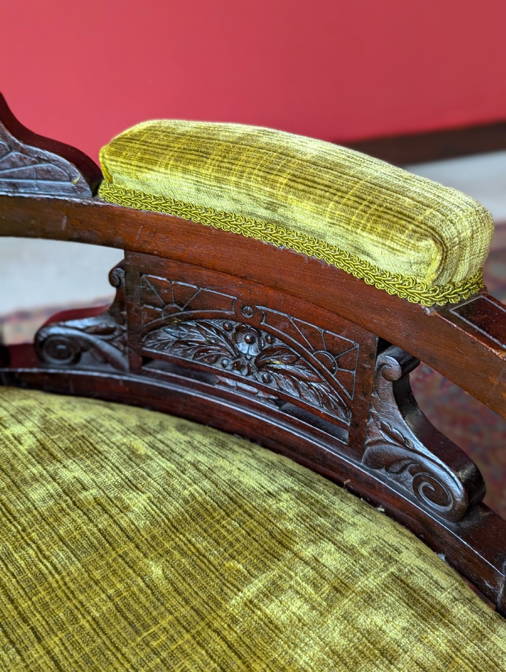 Antique Victorian Green Upholstered Mahogany Easy Chair / Cocktail Chair View III