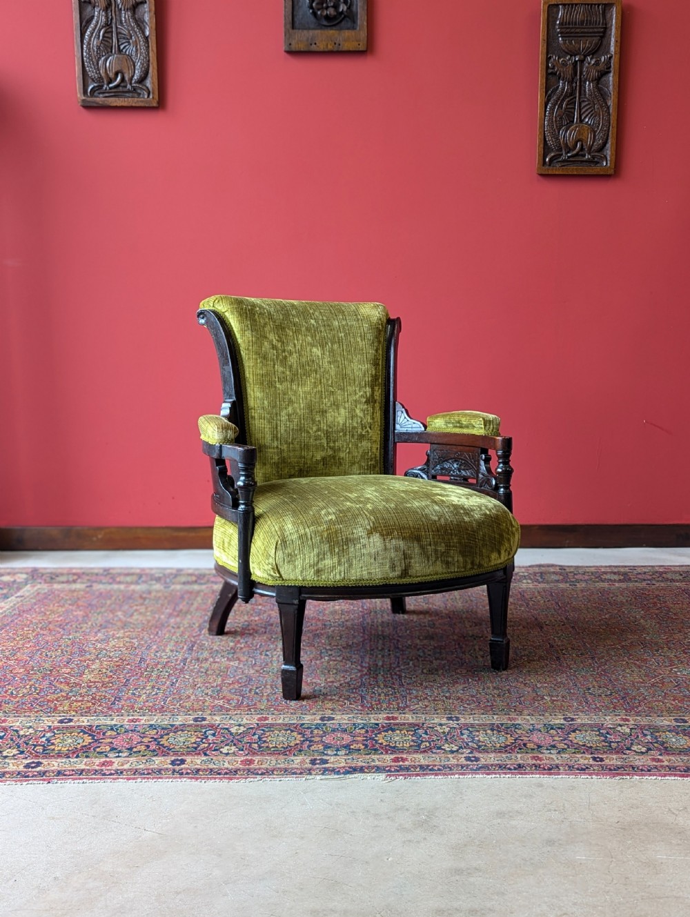 Antique Victorian Green Upholstered Mahogany Easy Chair / Cocktail Chair View IV