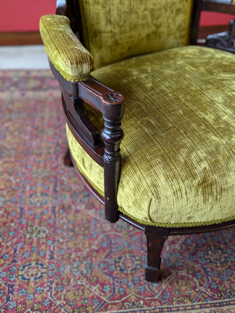 Antique Victorian Green Upholstered Mahogany Easy Chair / Cocktail Chair View V
