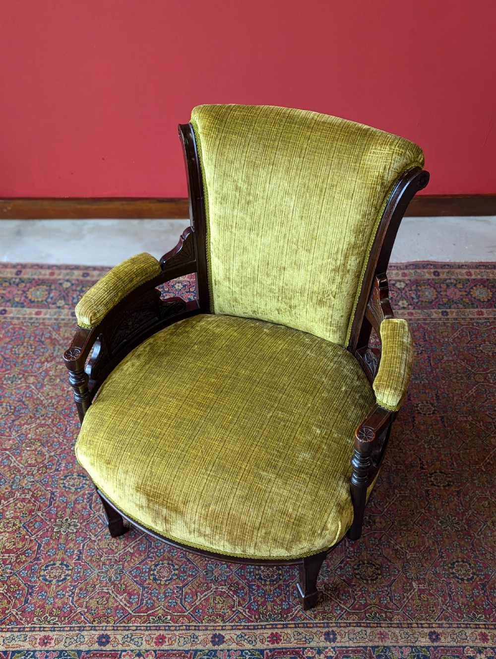 Antique Victorian Green Upholstered Mahogany Easy Chair / Cocktail Chair View VI