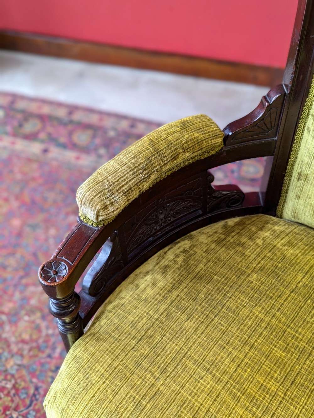 Antique Victorian Green Upholstered Mahogany Easy Chair / Cocktail Chair View VII