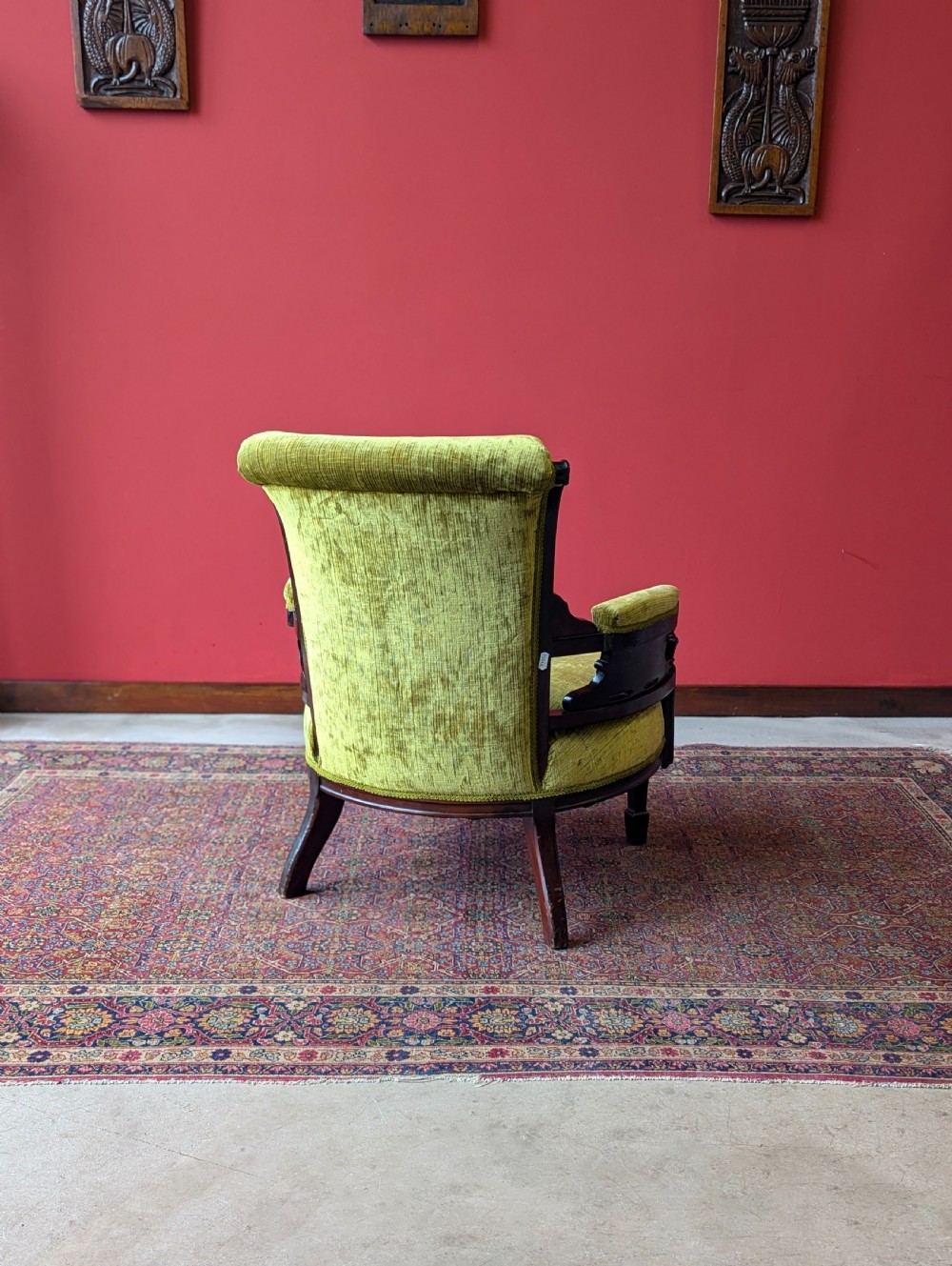 Antique Victorian Green Upholstered Mahogany Easy Chair / Cocktail Chair View IX