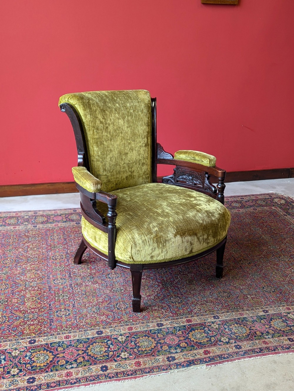 Antique Victorian Green Upholstered Mahogany Easy Chair / Cocktail Chair View X