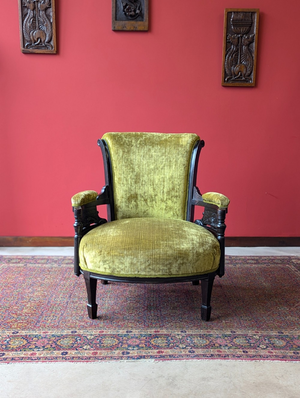 Antique Victorian Green Upholstered Mahogany Easy Chair / Cocktail Chair View II