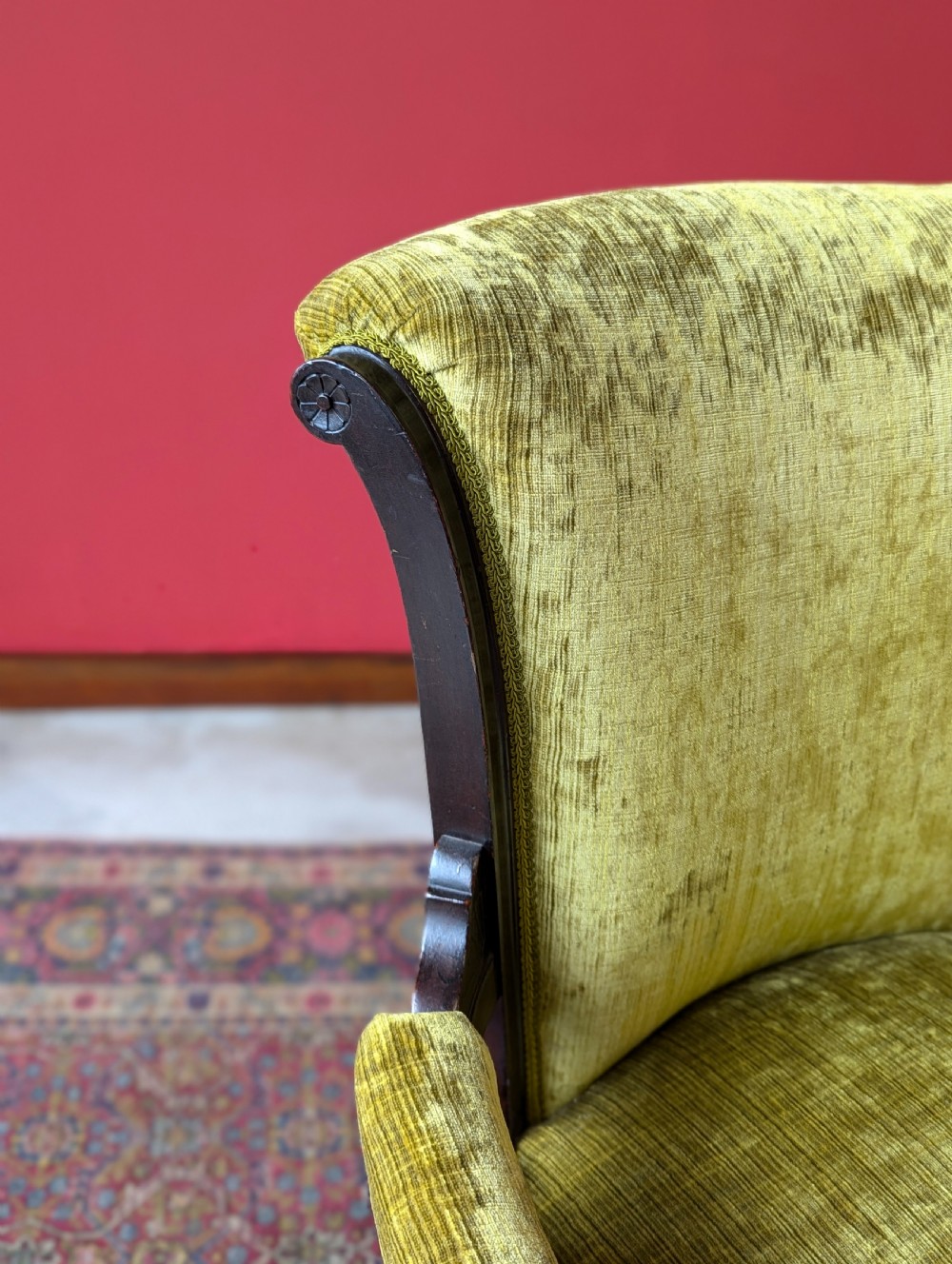 Antique Victorian Green Upholstered Mahogany Easy Chair / Cocktail Chair View III