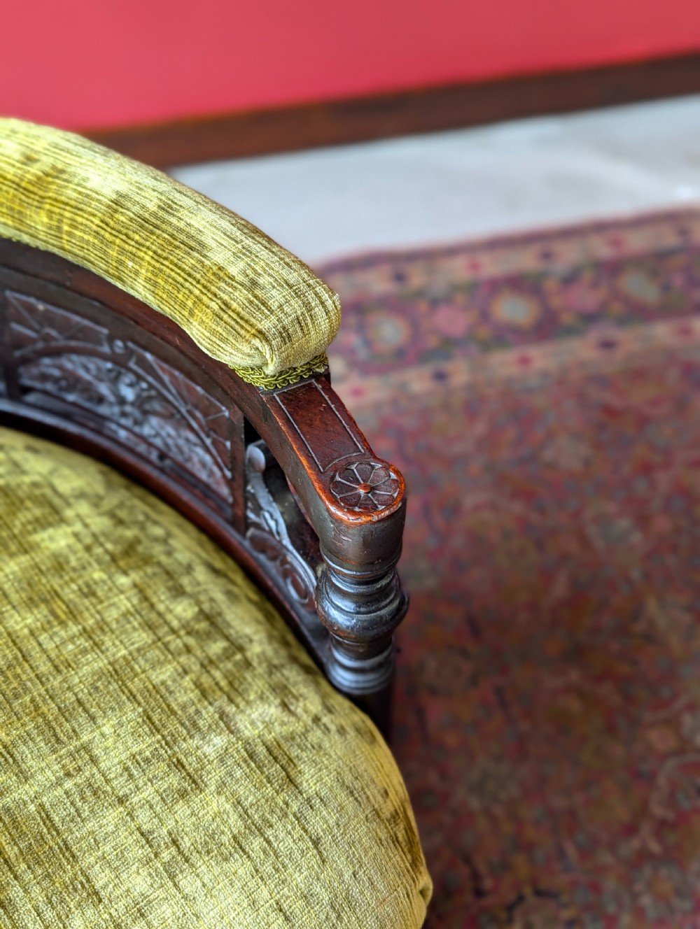 Antique Victorian Green Upholstered Mahogany Easy Chair / Cocktail Chair View IV