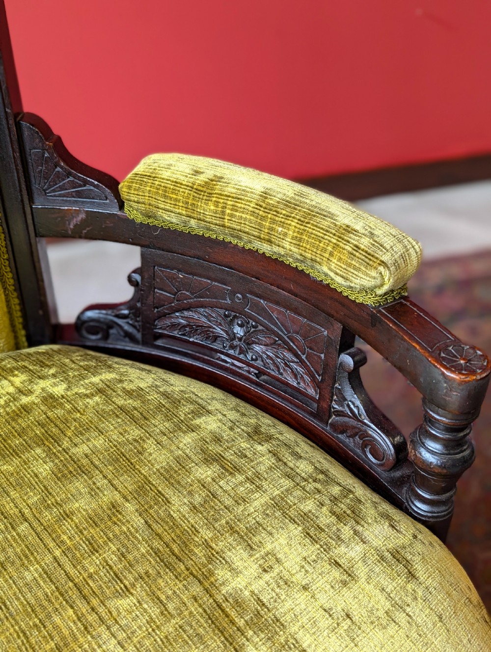 Antique Victorian Green Upholstered Mahogany Easy Chair / Cocktail Chair View V