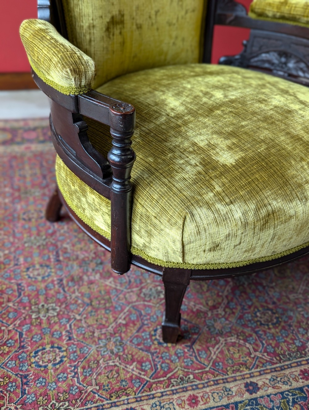 Antique Victorian Green Upholstered Mahogany Easy Chair / Cocktail Chair View VI