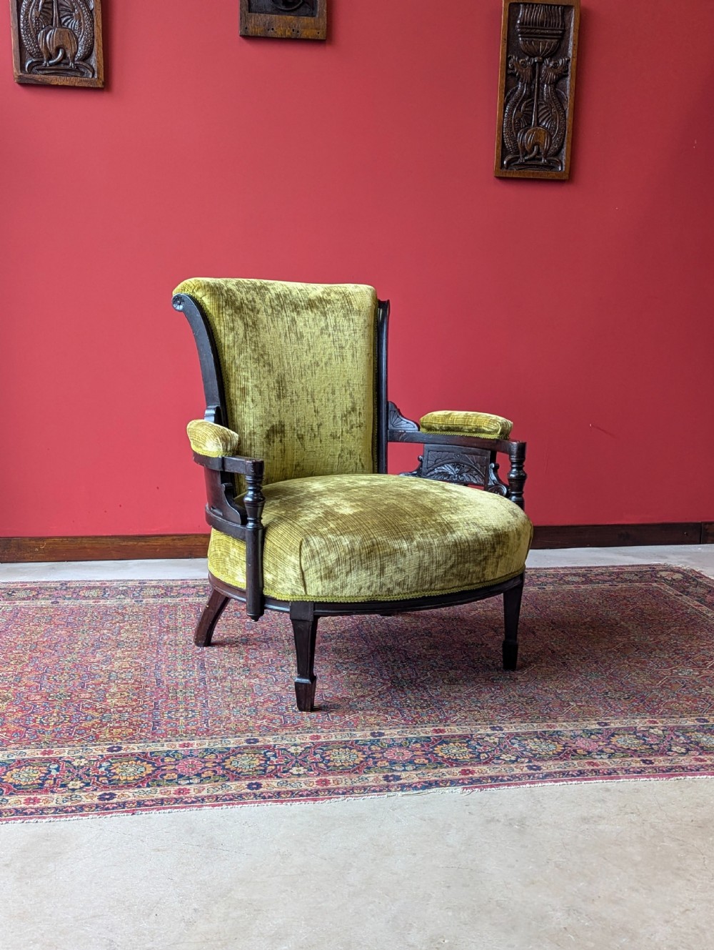 Antique Victorian Green Upholstered Mahogany Easy Chair / Cocktail Chair View VII