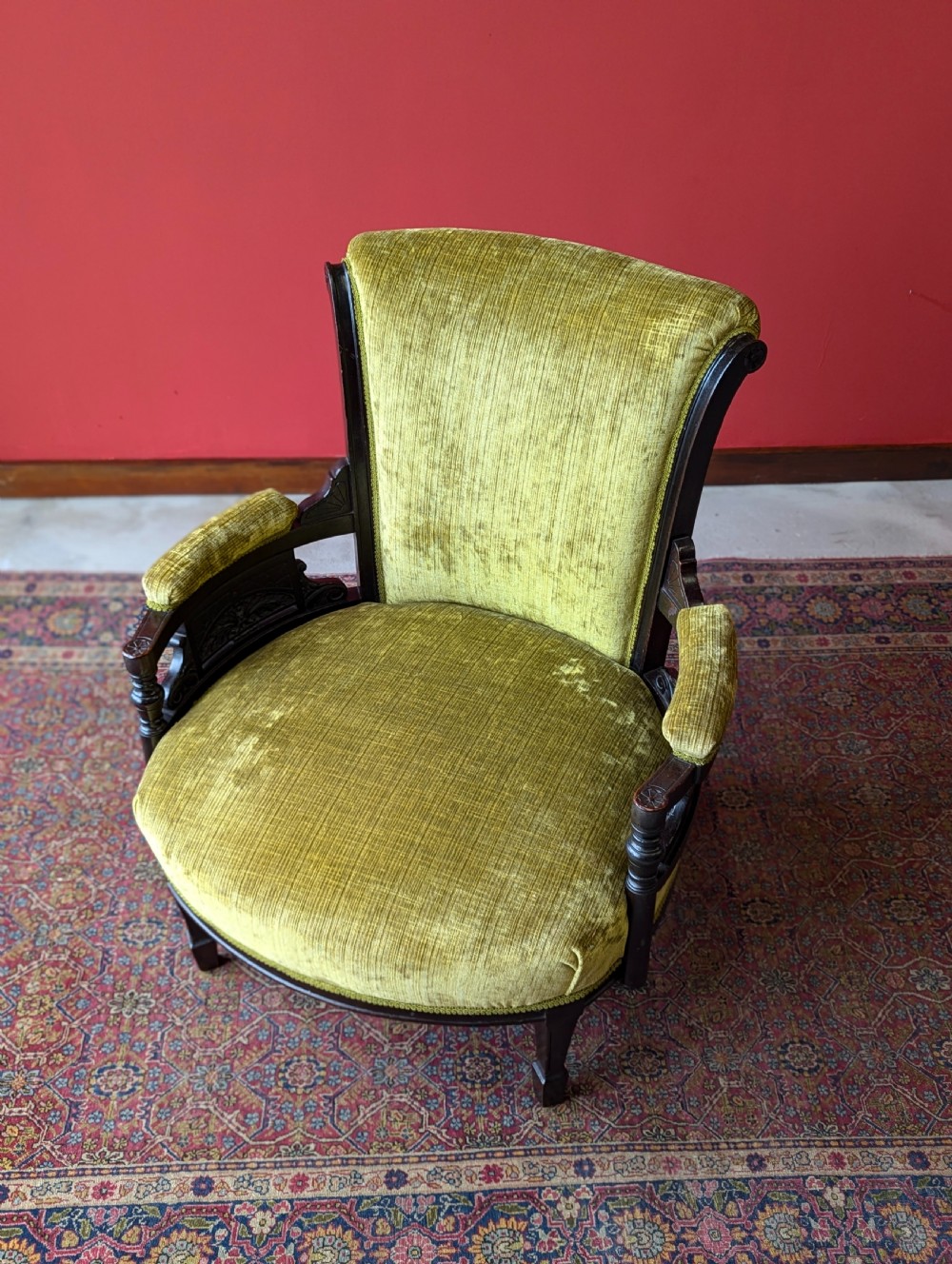Antique Victorian Green Upholstered Mahogany Easy Chair / Cocktail Chair View IX