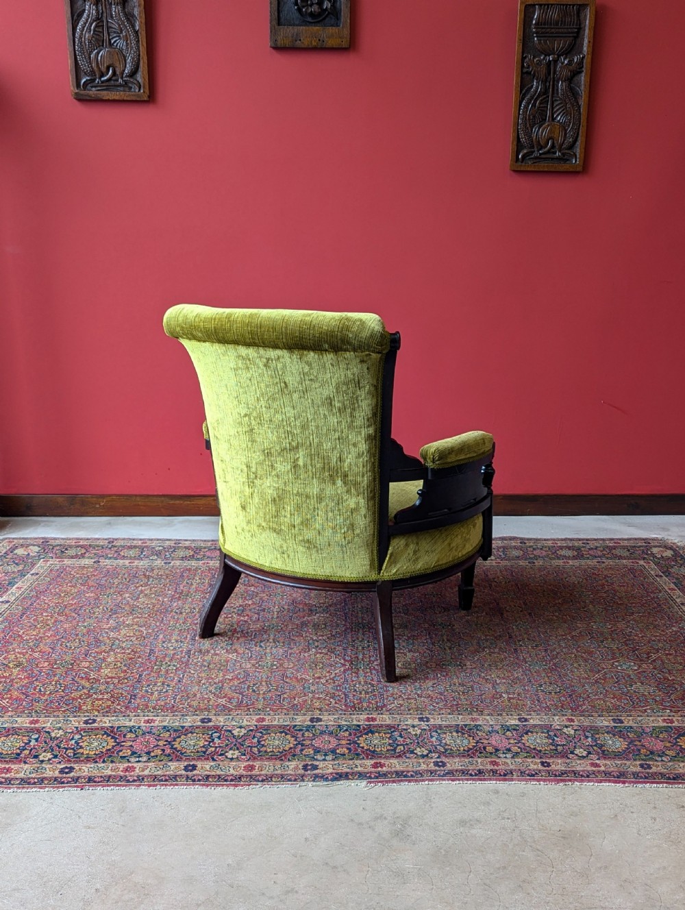 Antique Victorian Green Upholstered Mahogany Easy Chair / Cocktail Chair View X