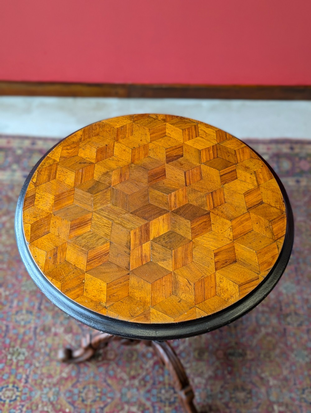 Antique Victorian Mahogany Parquetry Topped Circular Pedestal Wine Table View II