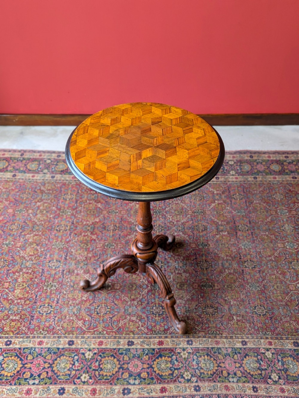 Antique Victorian Mahogany Parquetry Topped Circular Pedestal Wine Table View IX