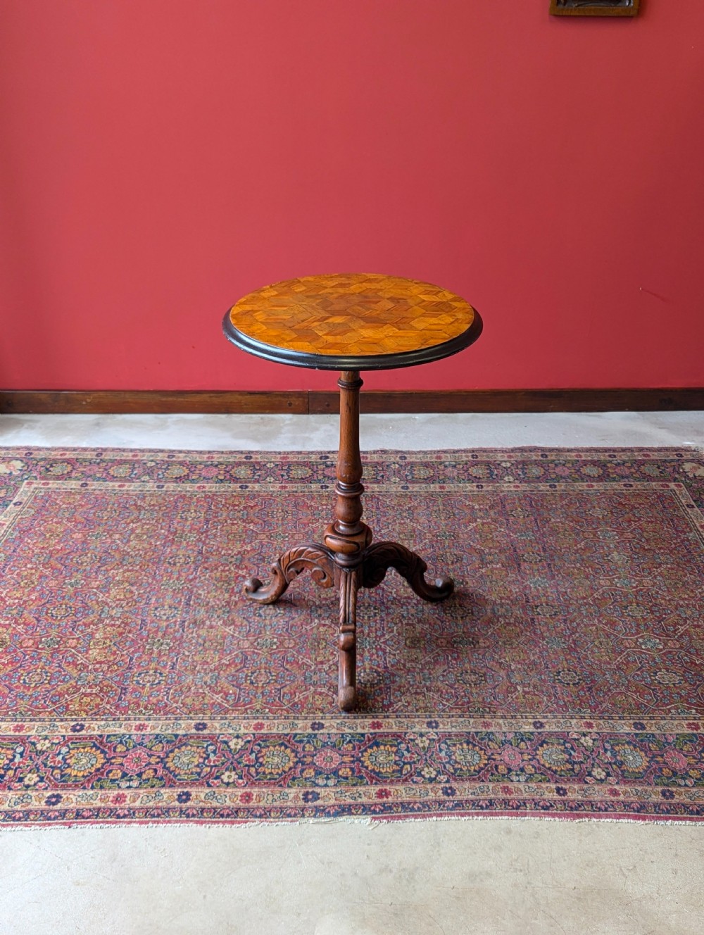Antique Victorian Mahogany Parquetry Topped Circular Pedestal Wine Table View X