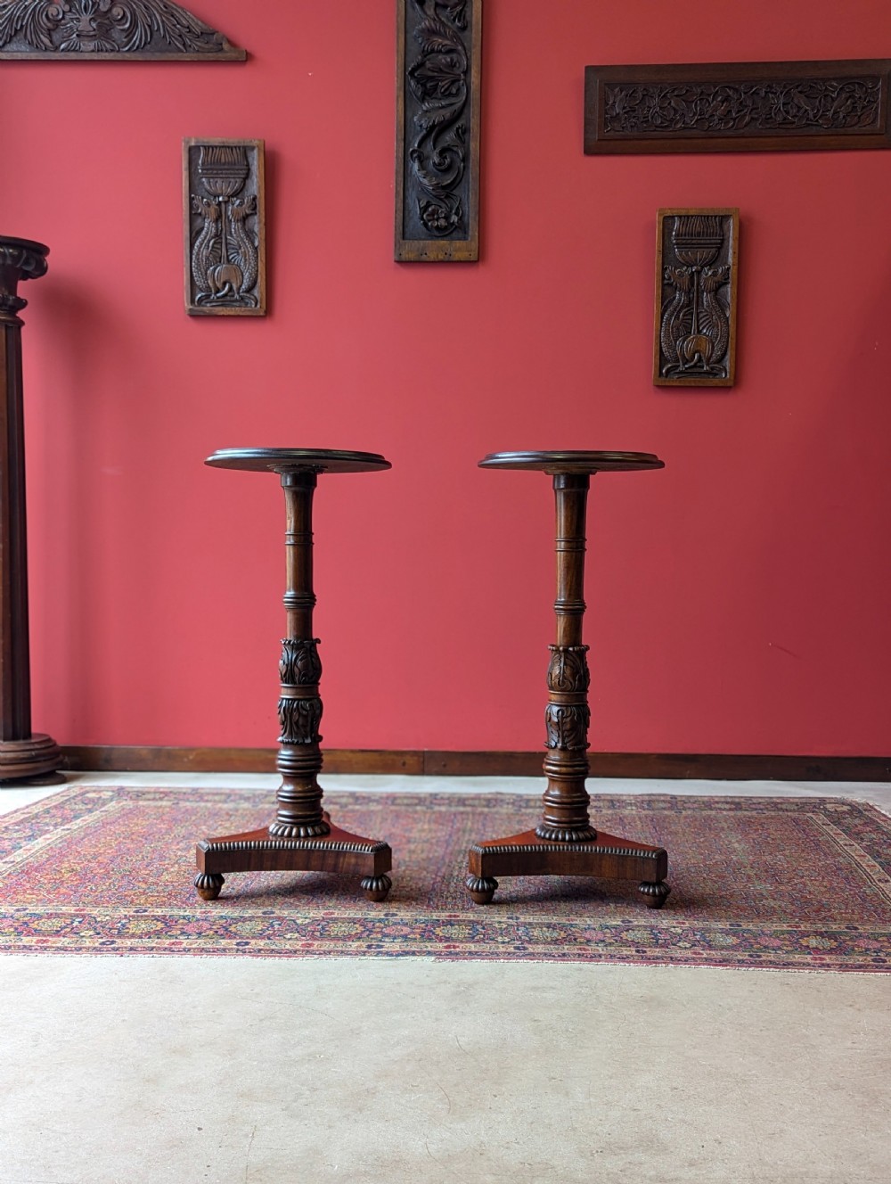 Pair of Antique Victorian Carved Mahogany Torcheres View II