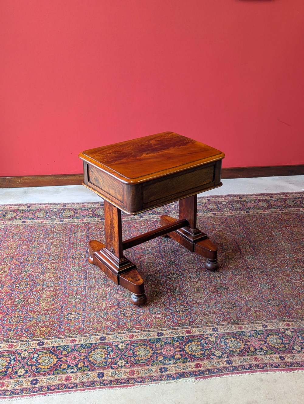 Antique Victorian Flame Mahogany Low Work Table View IV