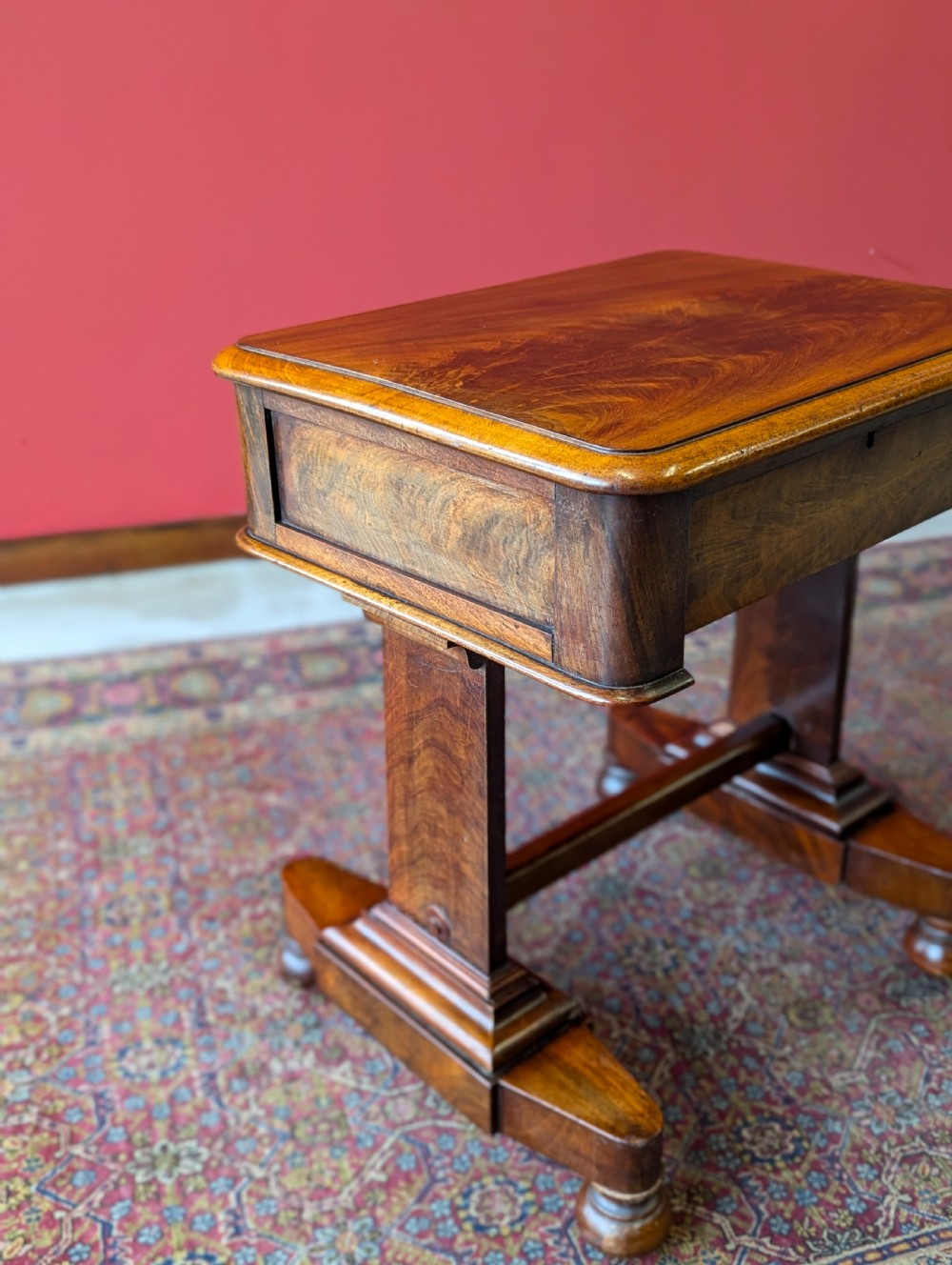 Antique Victorian Flame Mahogany Low Work Table View VII
