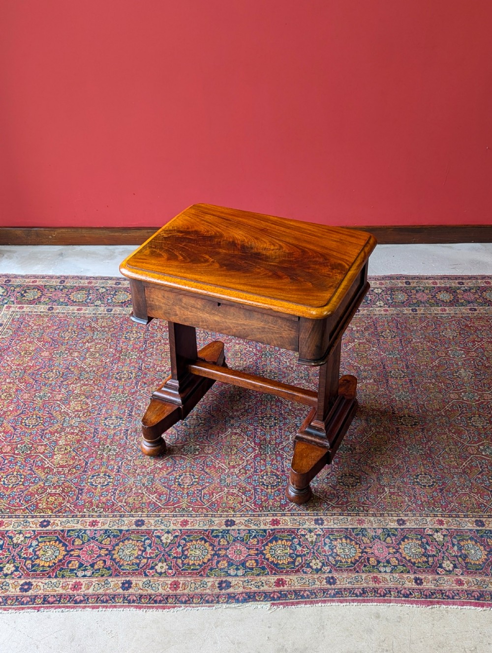 Antique Victorian Flame Mahogany Low Work Table View VIII