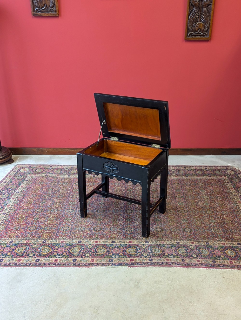 Antique Victorian Ebonised Aesthetic Movement Piano Stool with Storage View II