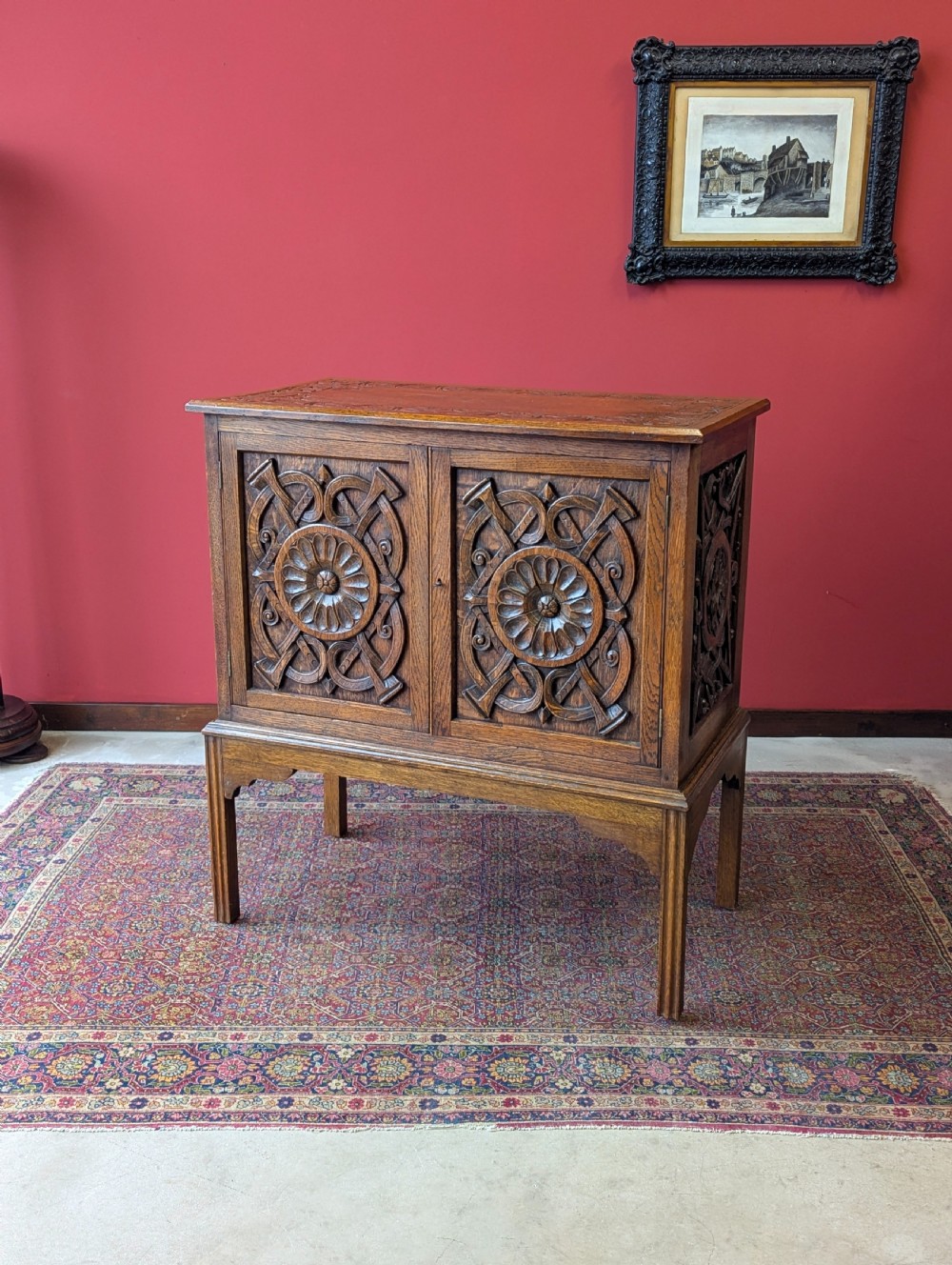 Antique Early 20th Century Carved Oak Raised Cupboard