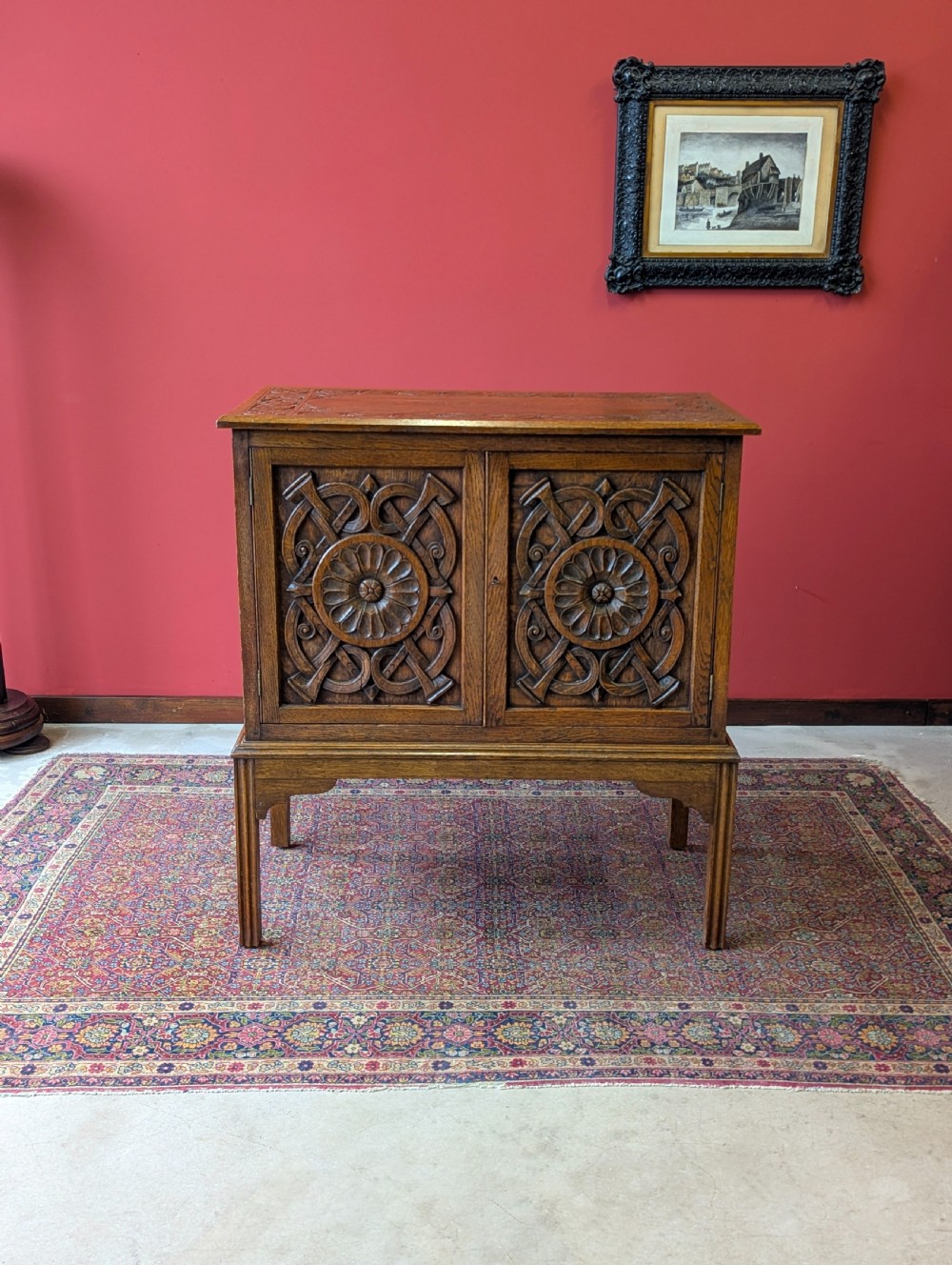 Antique Early 20th Century Carved Oak Raised Cupboard View II