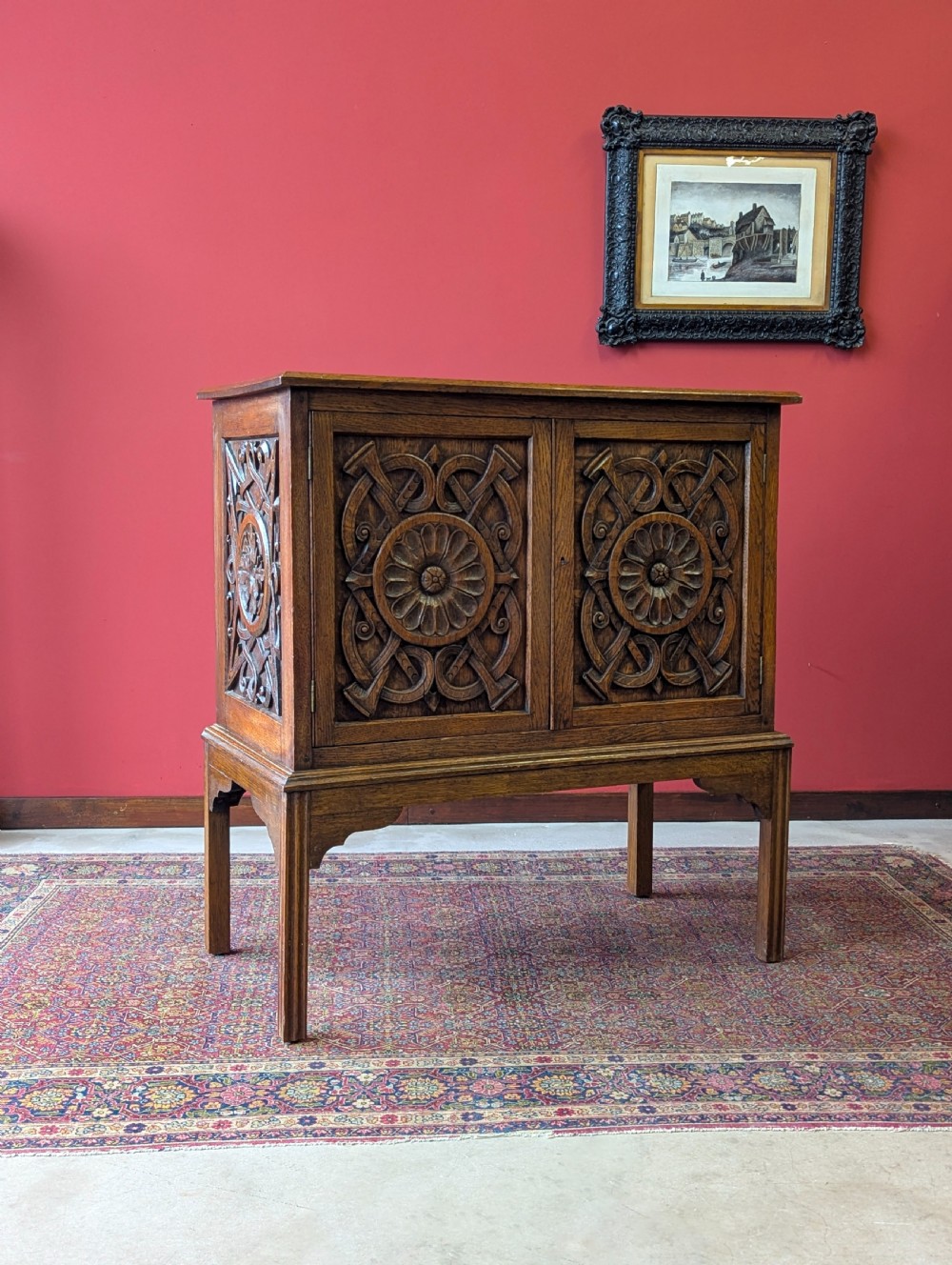 Antique Early 20th Century Carved Oak Raised Cupboard View III