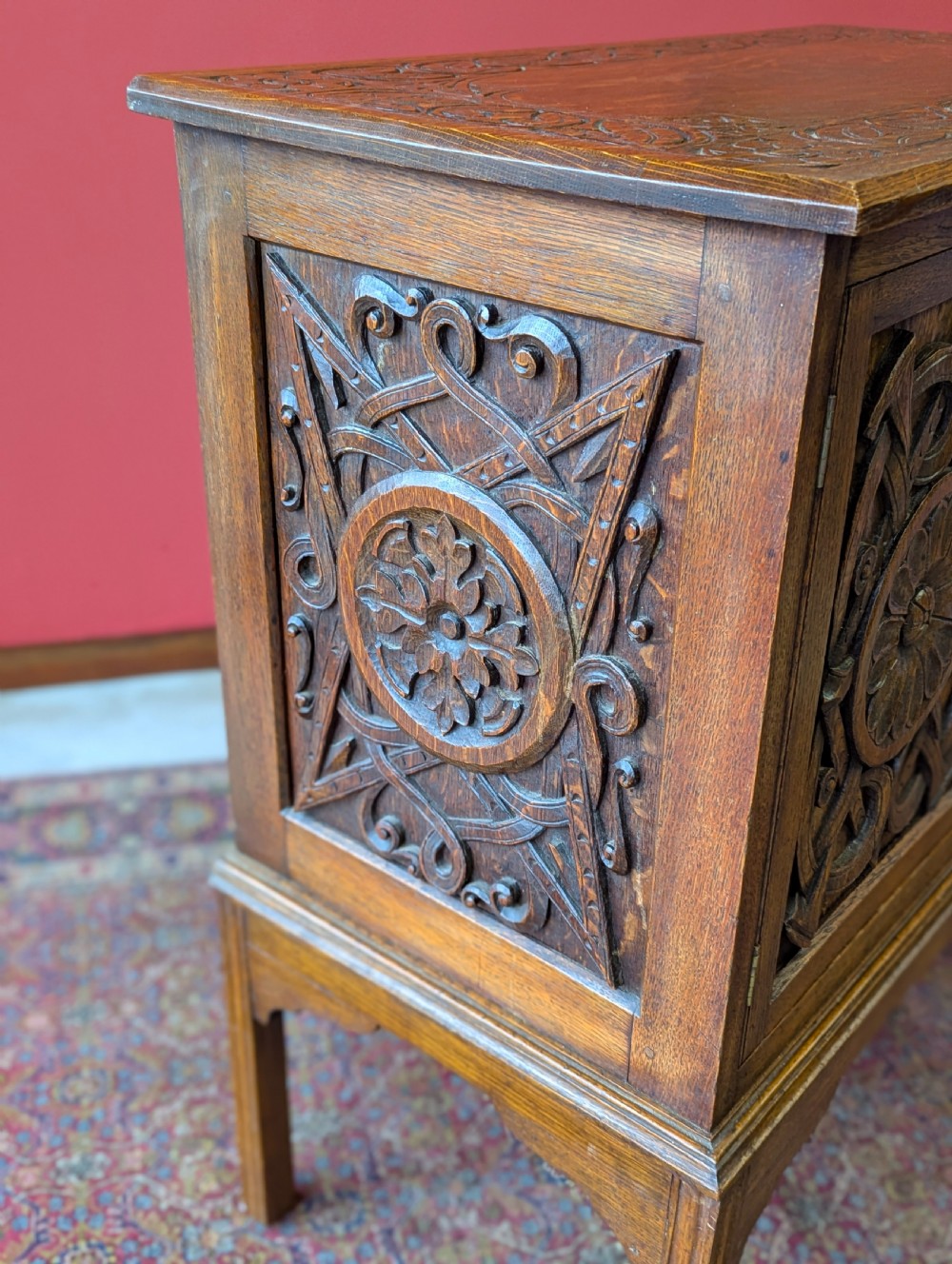 Antique Early 20th Century Carved Oak Raised Cupboard View V