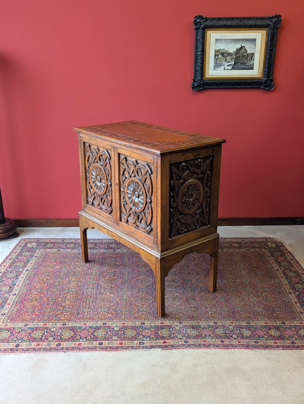 Antique Early 20th Century Carved Oak Raised Cupboard View VI