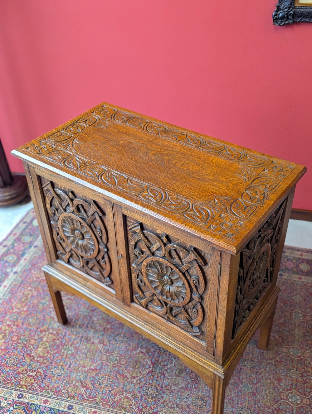 Antique Early 20th Century Carved Oak Raised Cupboard View IX