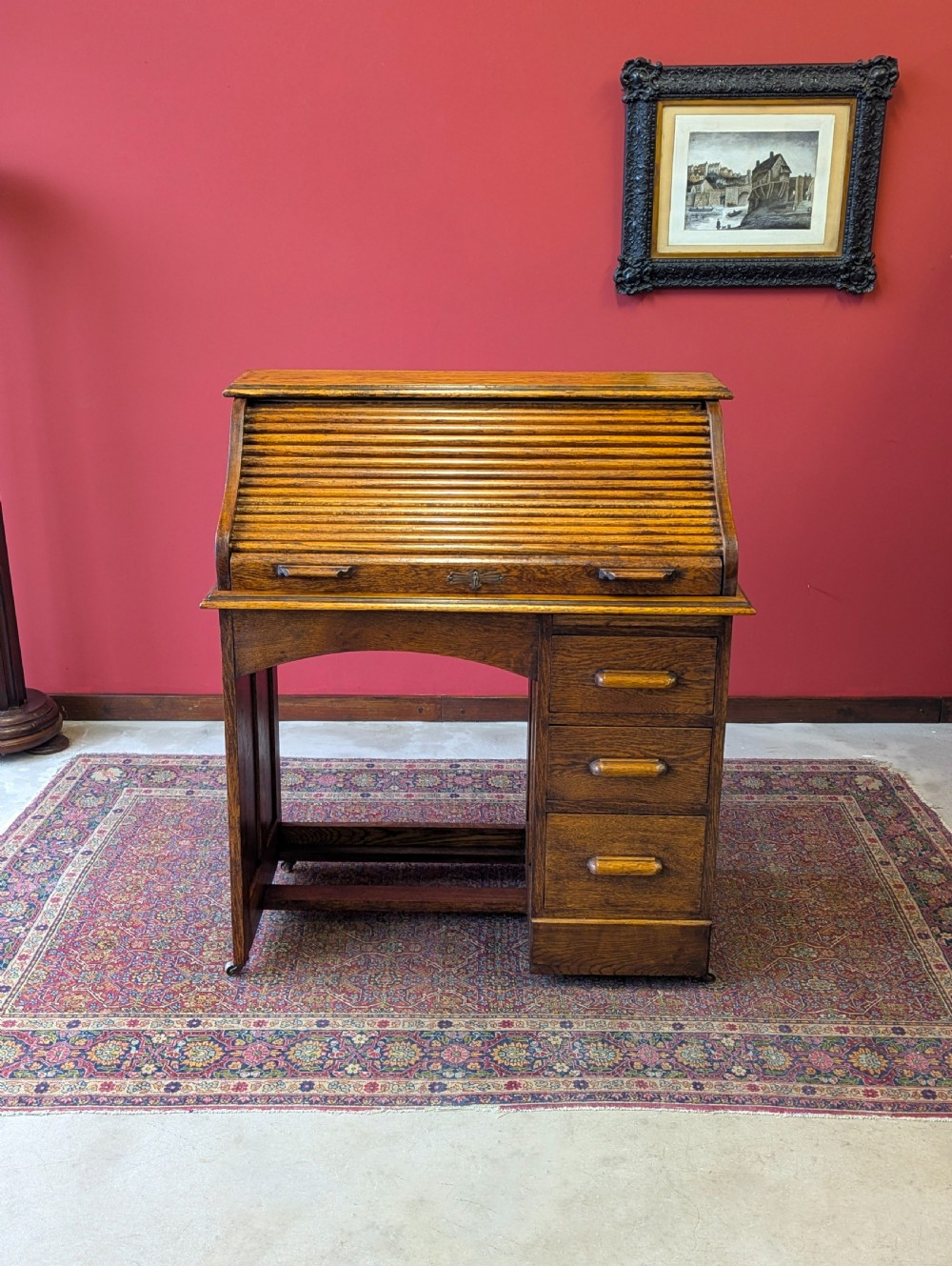 Antique Early 20th Century Golden Oak Roll Top Desk View III