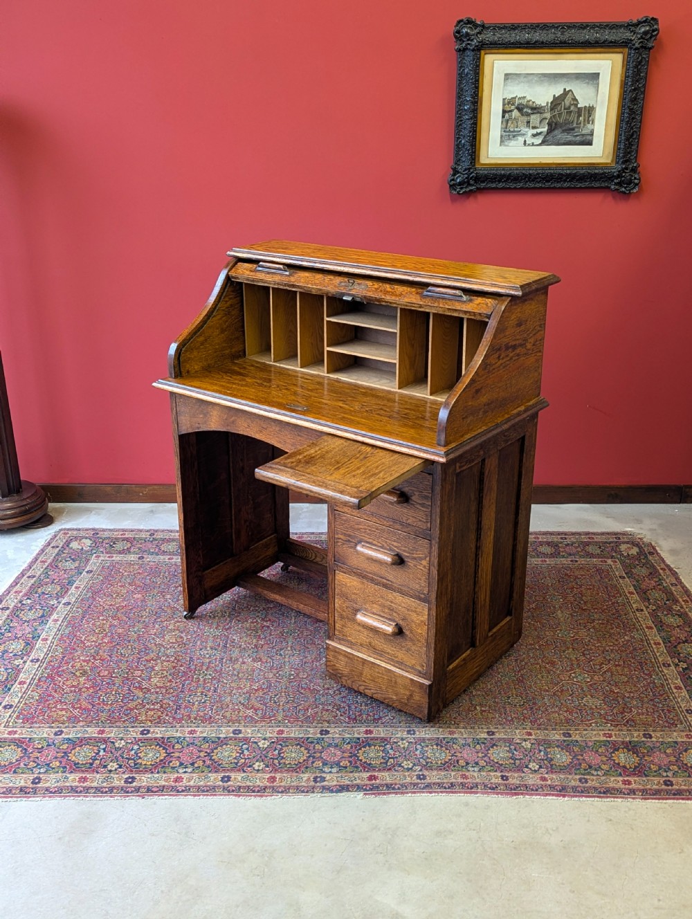 Antique Early 20th Century Golden Oak Roll Top Desk View IV