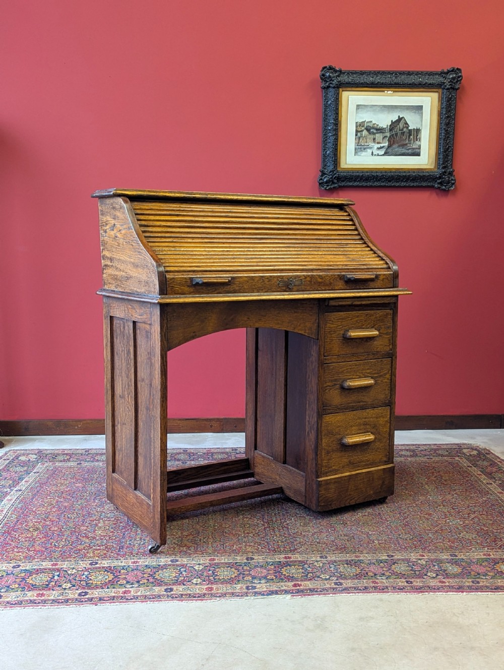 Antique Early 20th Century Golden Oak Roll Top Desk View VI