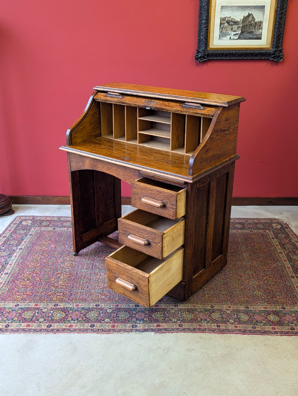 Antique Early 20th Century Golden Oak Roll Top Desk View VII