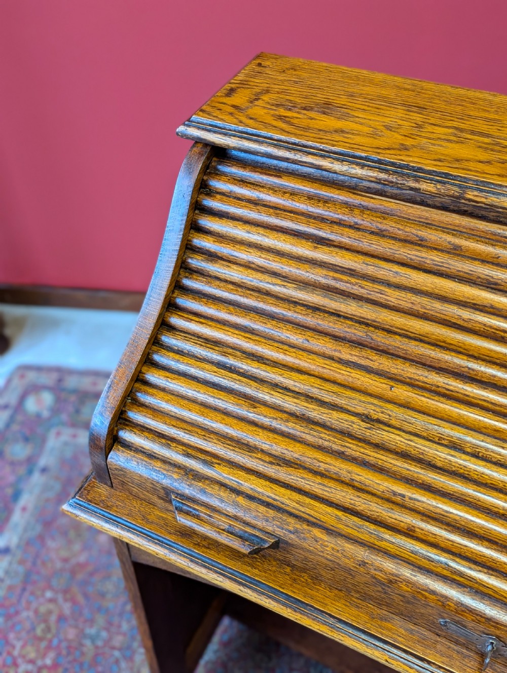 Antique Early 20th Century Golden Oak Roll Top Desk View IX