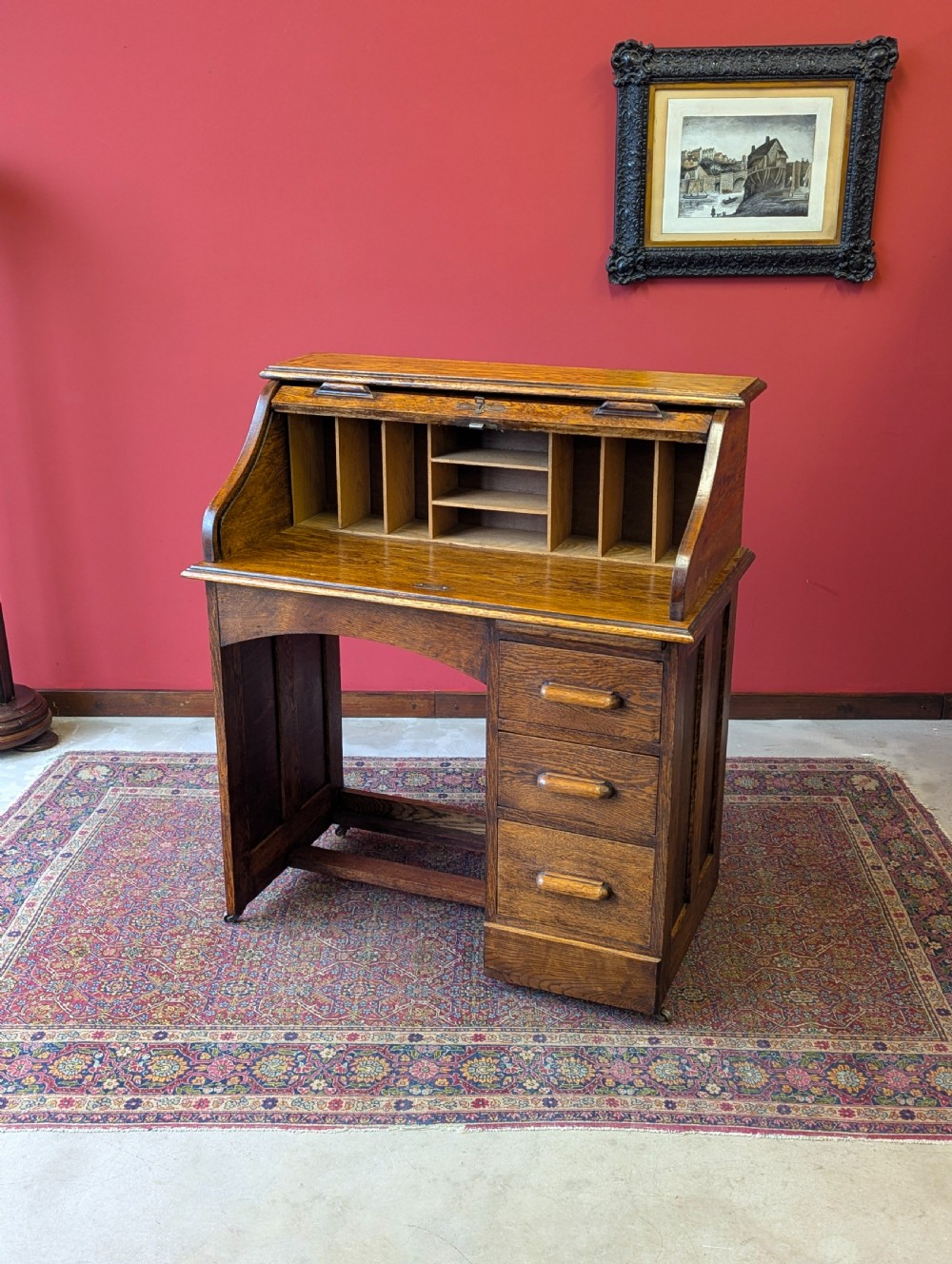 Antique Early 20th Century Golden Oak Roll Top Desk View X
