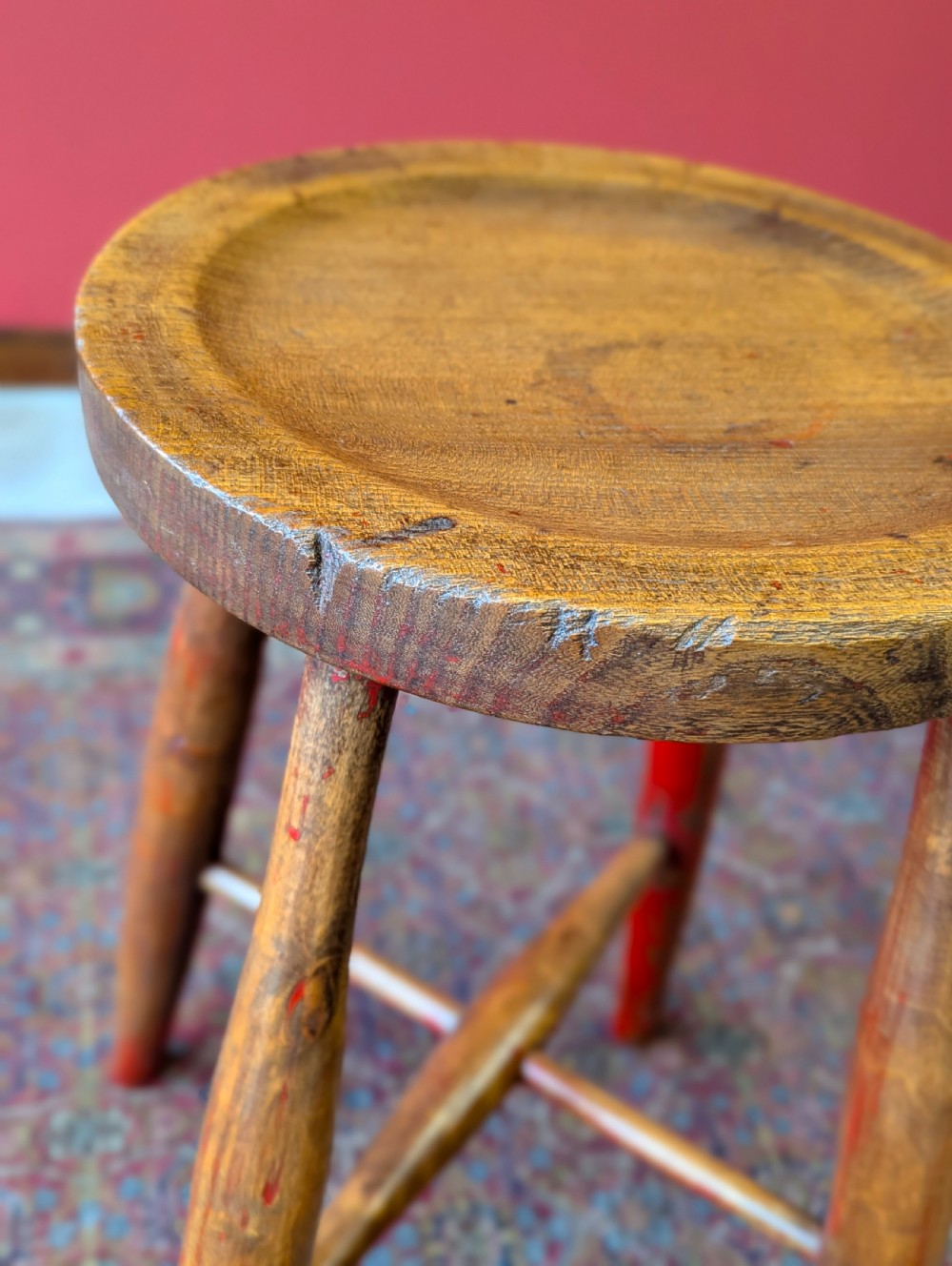 Antique Victorian Elm Dish Seat Stool View IV