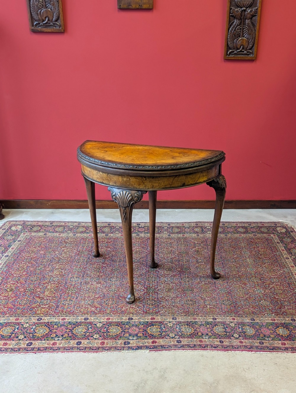 1930’s Burr Walnut Fold Over Demilune Card Table View III
