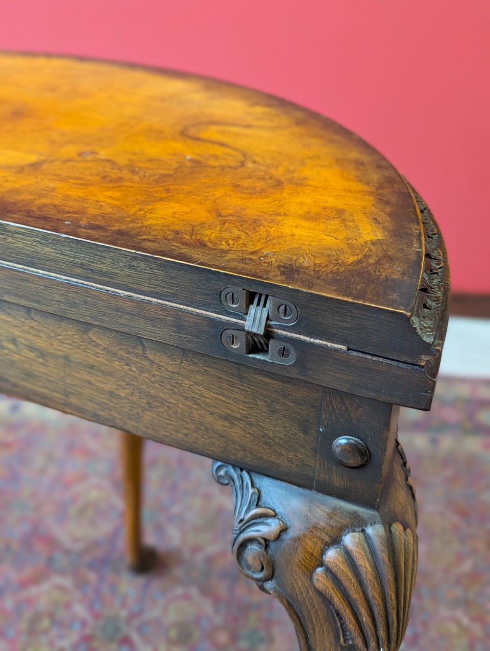 1930’s Burr Walnut Fold Over Demilune Card Table View V