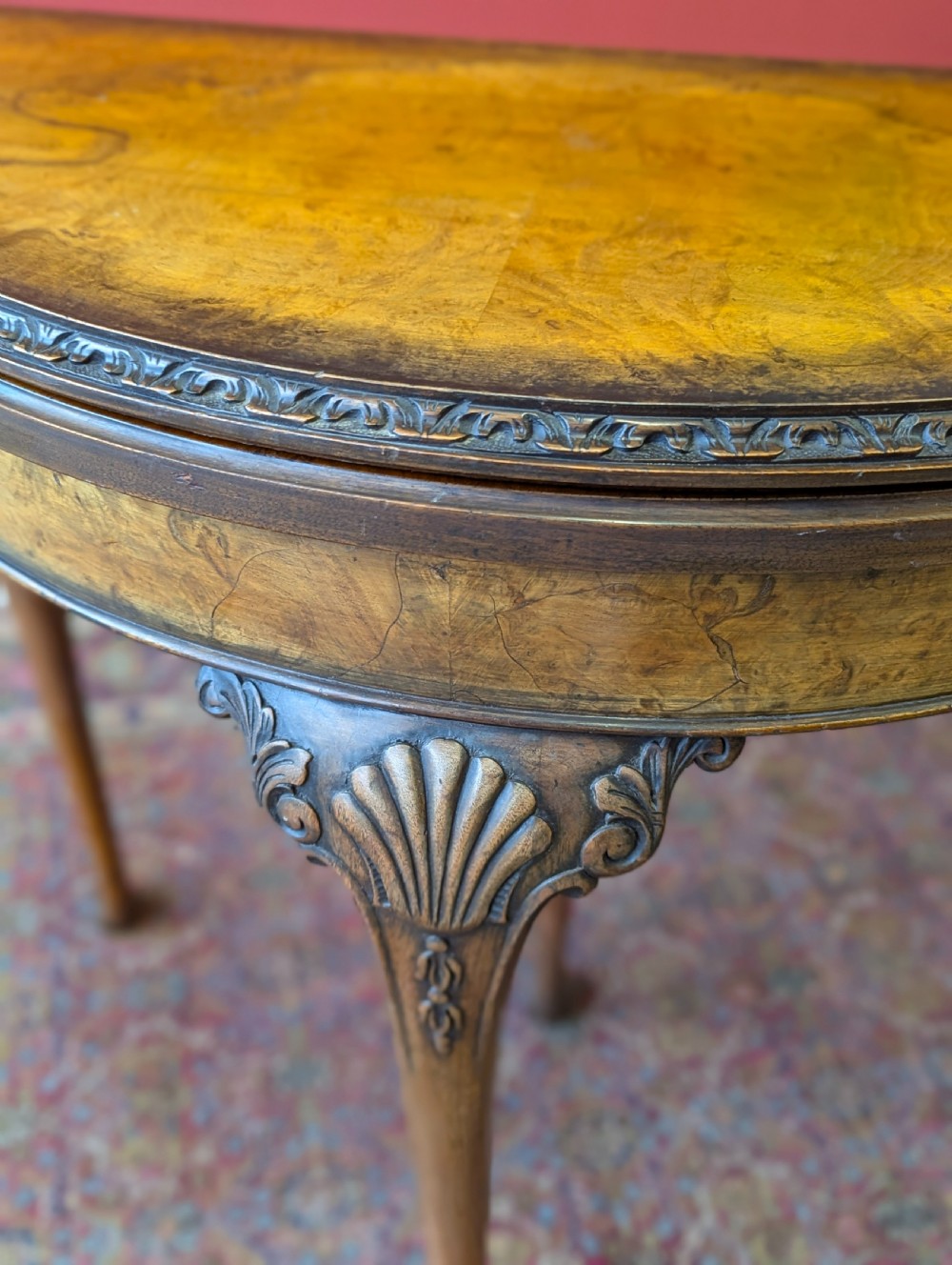 1930’s Burr Walnut Fold Over Demilune Card Table View VI
