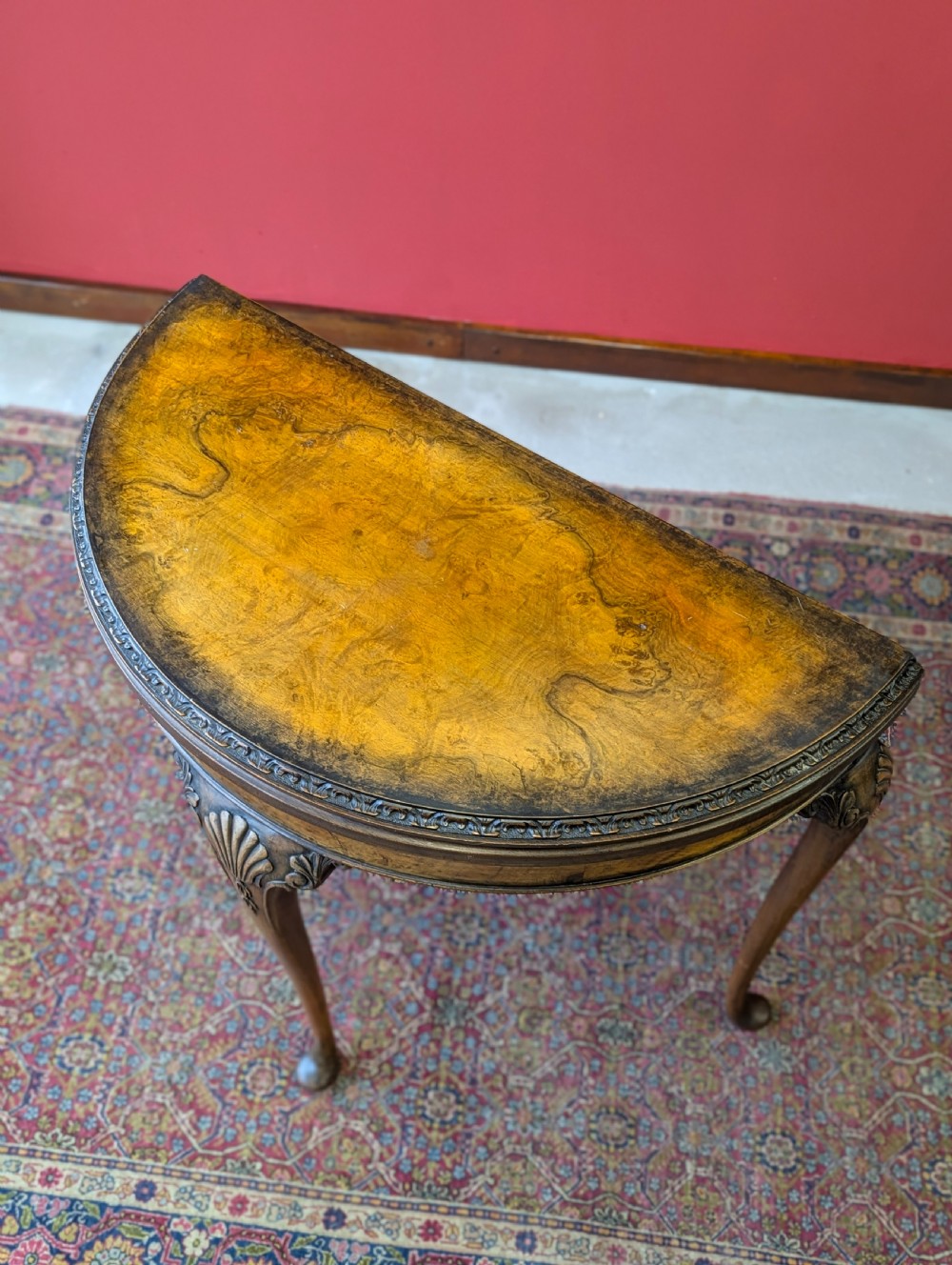 1930’s Burr Walnut Fold Over Demilune Card Table View VII