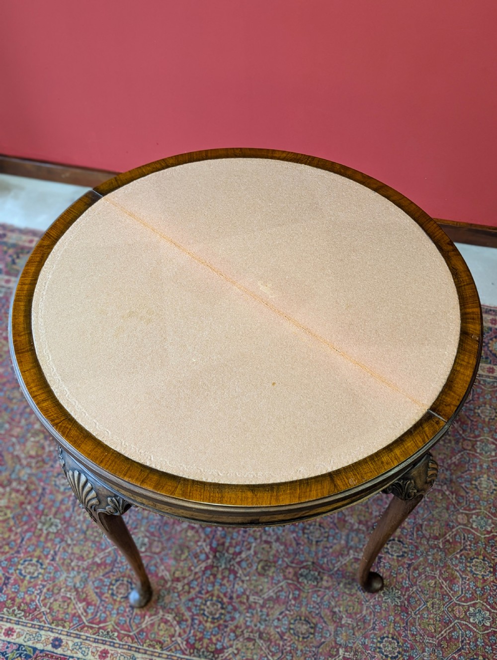 1930’s Burr Walnut Fold Over Demilune Card Table View VIII
