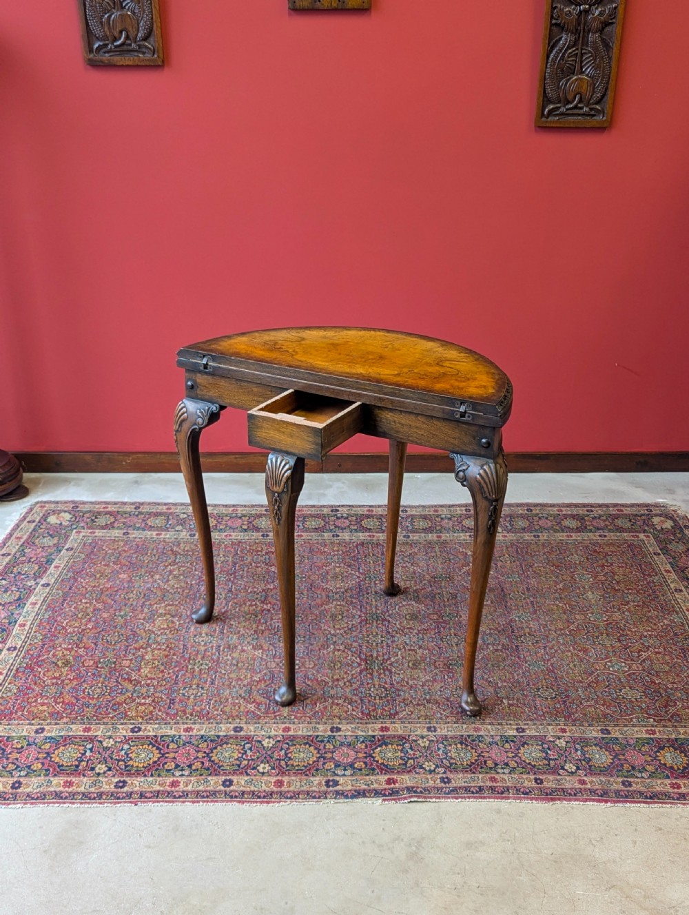 1930’s Burr Walnut Fold Over Demilune Card Table View IX