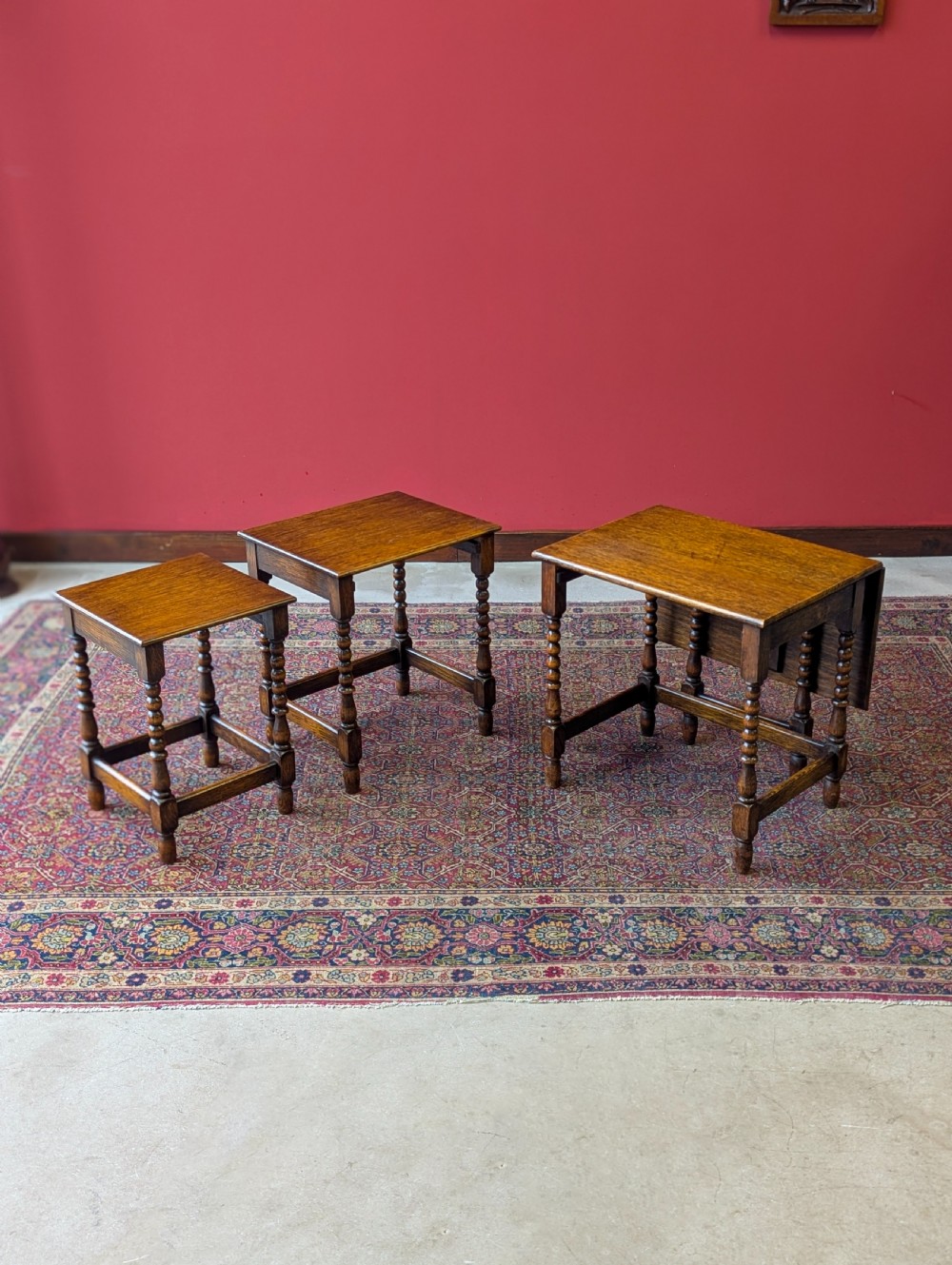 Antique Early 20th Century Oak Bobbin Nest of Tables View VII